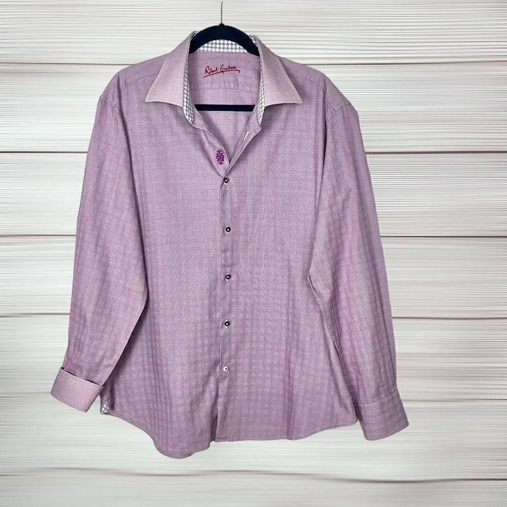 ROBERT GRAHAM Button Up Shirt Cotton Lilac Plaid Contrast Cuff Collar XL-44-17,5